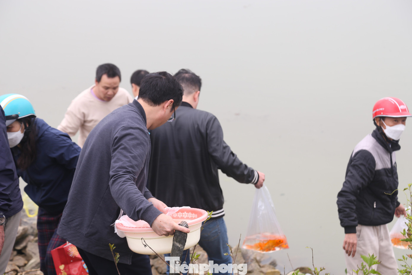 Những chú cá vàng được người dân thả xuống sông Lam vào buổi sáng hôm nay (2/2) tức ngày 23 tháng Chạp.