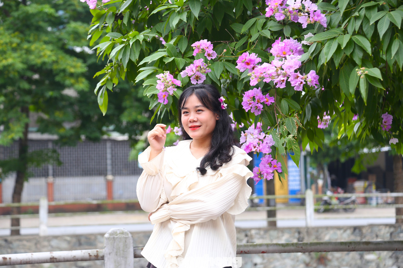 Con đường hoa bằng lăng trở thành địa điểm thu hút các bạn trẻ đến tạo dáng, chụp ảnh.