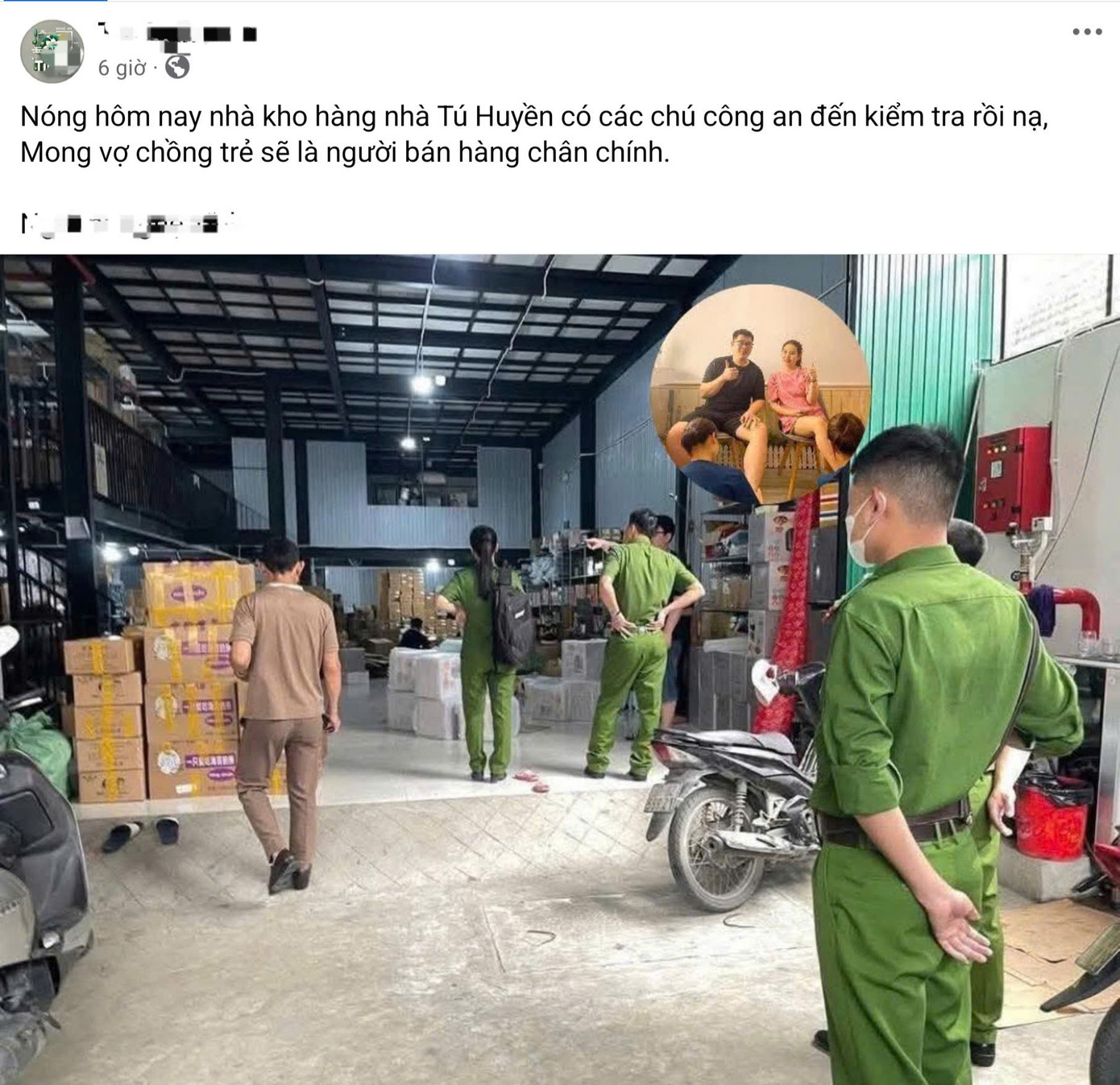 Hình ảnh công an xuất hiện tại kho hàng của cặp vợ chồng TikToker nổi tiếng đăng tải trên mạng xã hội