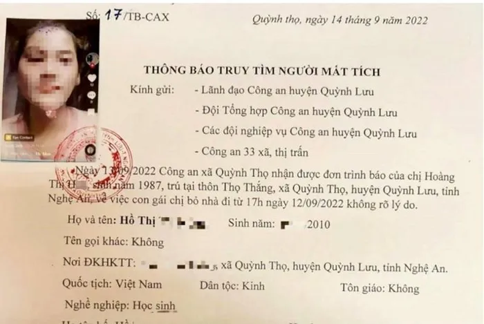 Thông báo tìm tung tích cháu M. của Công an xã Quỳnh Thọ Thông báo tìm tung tích cháu M. của Công an xã Quỳnh Thọ