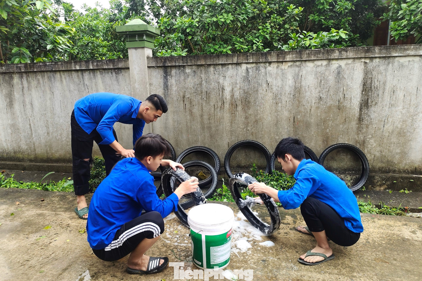 Những chiếc lốp xe cũ sau khi được vệ sinh sạch sẽ sẽ được sơn màu.