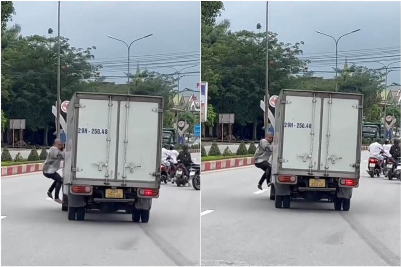 Hình ảnh nam thanh niên bám trên cửa kính xe tải. Ảnh cắt từ video