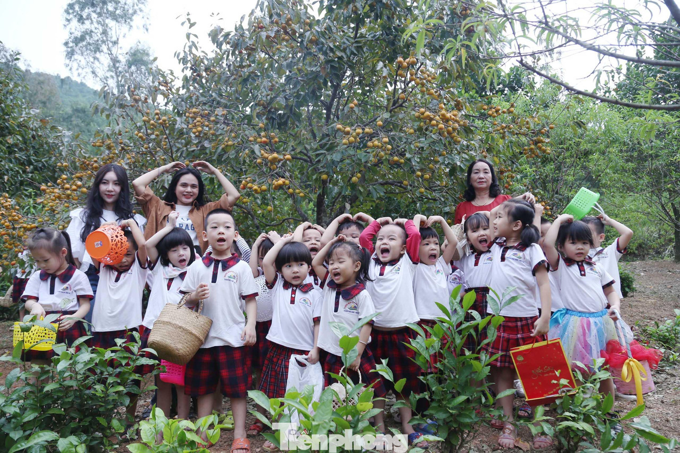 Một nhóm học sinh mầm non được nhà trường cho đi tham quan trải nghiệm tại vườn hồng.