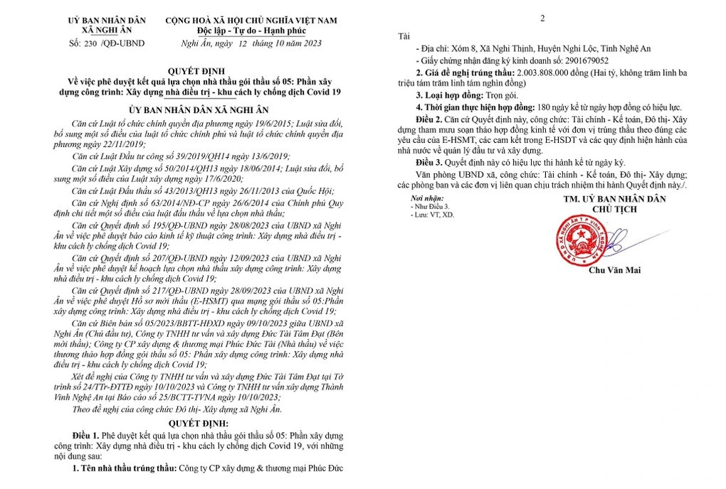 Quyết định phê duyệt kết quả đấu thầu thực hiện dự án xây dựng nhà điều trị, khu cách ly chống dịch COVID-19 tại xã Nghi Ân gây xôn xao dự luận