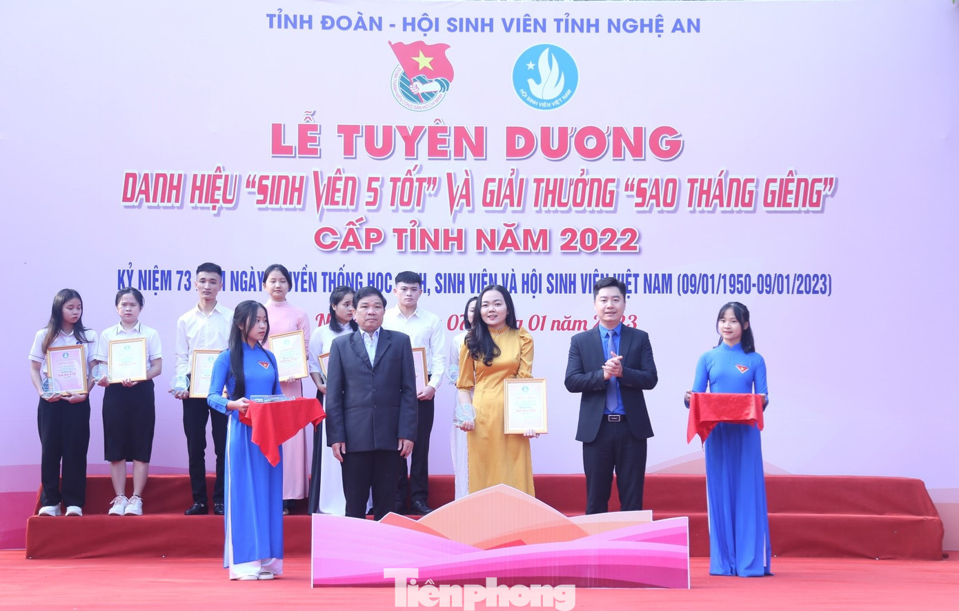 Để ghi nhận những thành tích đạt được, Ban Thư ký Hội Sinh viên tỉnh Nghệ An quyết định trao tặng danh hiệu “Sinh viên 5 tốt” cho 48 bạn sinh viên và 41 đại biểu là cán bộ Đoàn, Hội đạt giải thưởng “Sao tháng Giêng”. Để ghi nhận những thành tích đạt được, Ban Thư ký Hội Sinh viên tỉnh Nghệ An quyết định trao tặng danh hiệu “Sinh viên 5 tốt” cho 48 bạn sinh viên và 41 đại biểu là cán bộ Đoàn, Hội đạt giải thưởng “Sao tháng Giêng”.