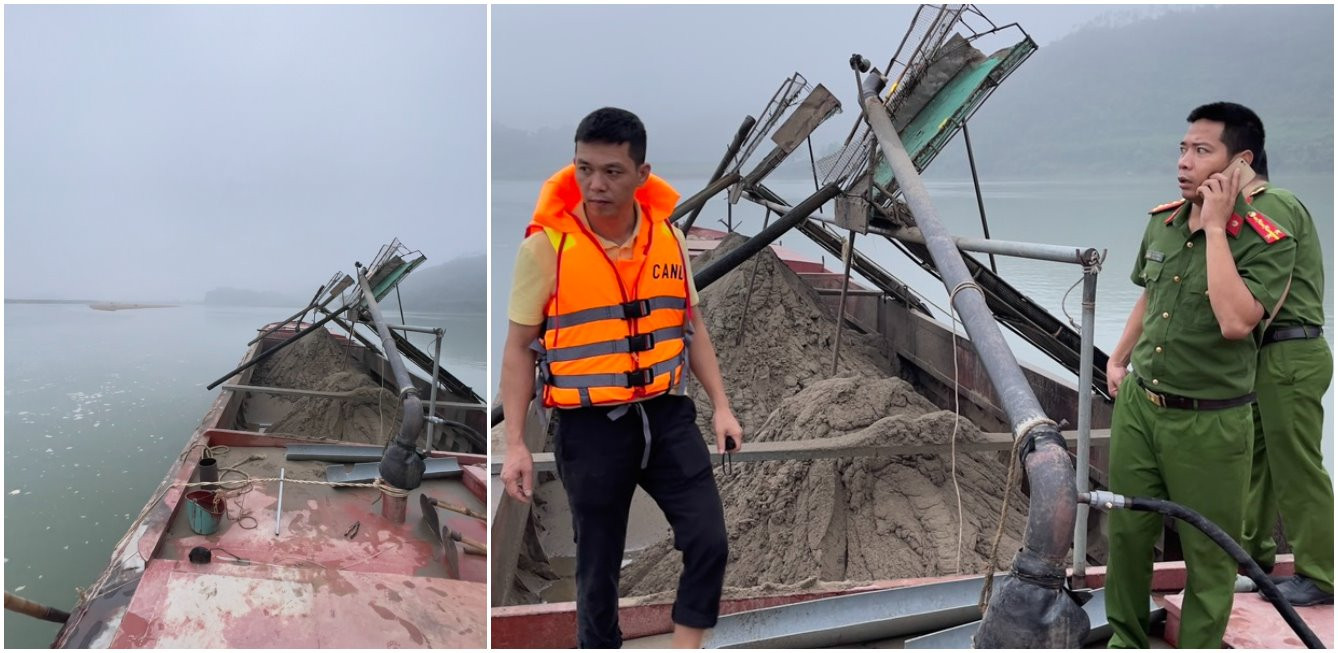 Đội Cảnh sát đường thuỷ chủ trì, phối hợp với Công an huyện Nam Đàn phát hiện 2 thuyền khai thác cát trái phép