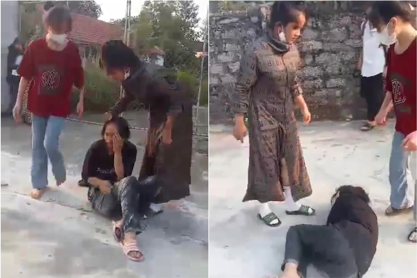 Nữ sinh cấp 2 bị đánh, đá liên tục. Ảnh cắt từ video