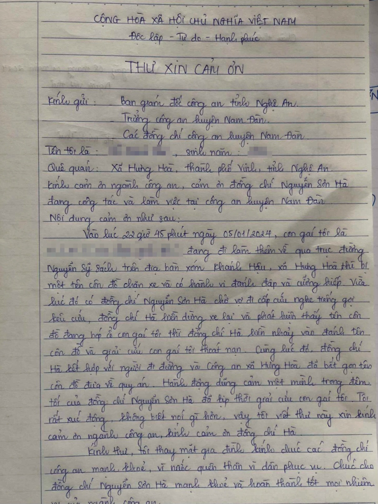 Bức thư cảm ơn của nạn nhân