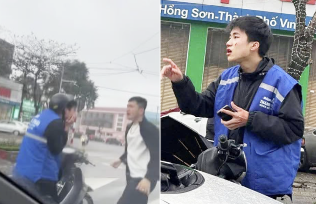 Hình ảnh nam thanh niên mặc áo shipper bị người đàn ông đánh tới tấp giữa đường.