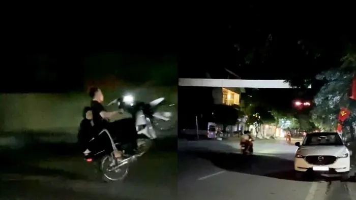 Hình ảnh nhóm thanh niên bốc đầu, nẹt pô trên địa bàn thị trấn Kim Sơn. Ảnh cắt từ clip