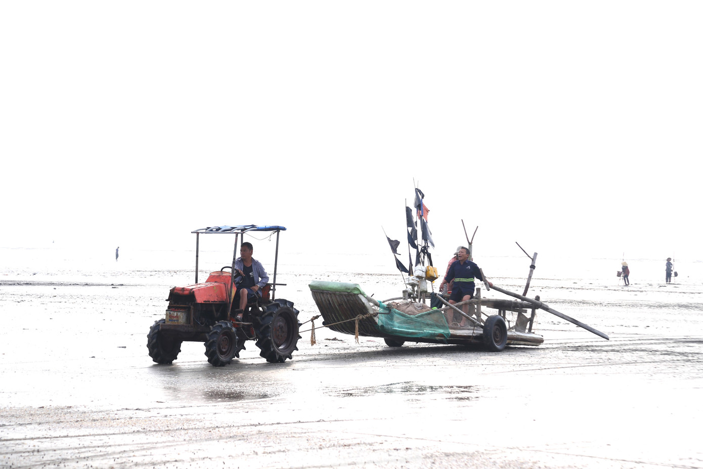 Mới 7 giờ sáng nhưng tại bãi biển xã Diễn Kim, huyện Diễn Châu (Nghệ An) đã nắng lóa mắt, không khí nhộn nhịp với cảnh bè mảng đánh cá ra vào. Trên bờ, các thương lái đã sẵn sàng với thùng xốp và giỏ nhựa để thu mua.