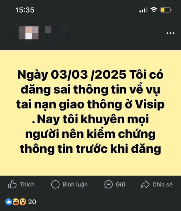 Người vi phạm đăng cải chính trên mạng xã hội sau khi đăng tải nội dung bịa đặt về vụ tai nạn giao thông.