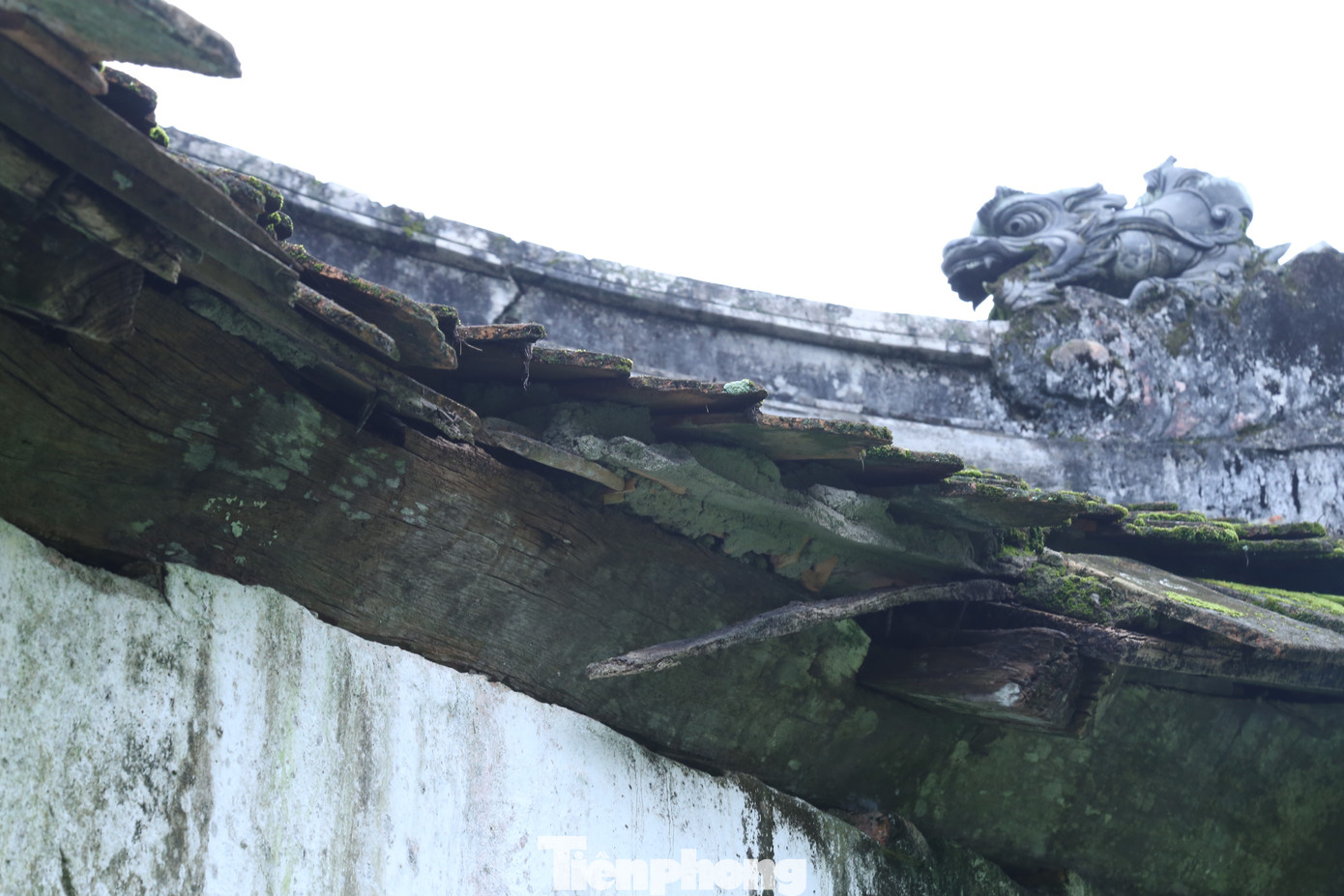 Mái sau của nhà hạ điện đã bị gãy, rụng một mảng lớn.