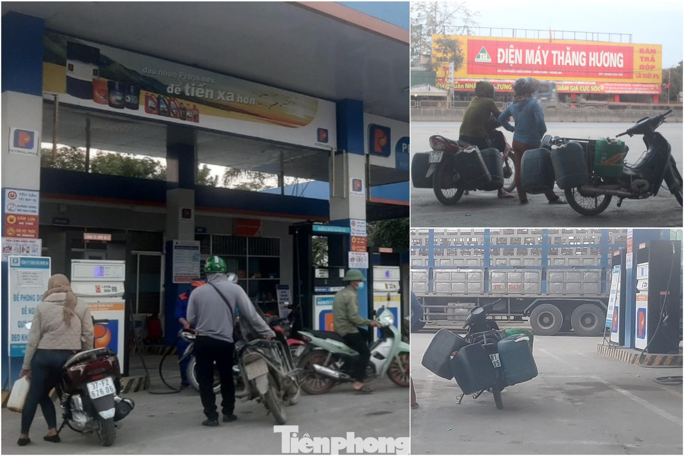 Một số người sau khi đổ xăng mua xăng dự trữ trong các chai, can nhựa. Một số người sau khi đổ xăng mua xăng dự trữ trong các chai, can nhựa.