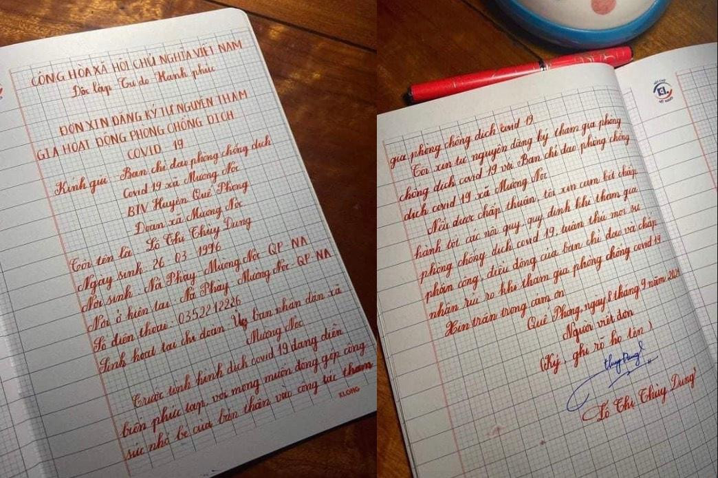 Lá đơn đăng ký tham gia chống dịch của Lô Thị Thuỳ Dung