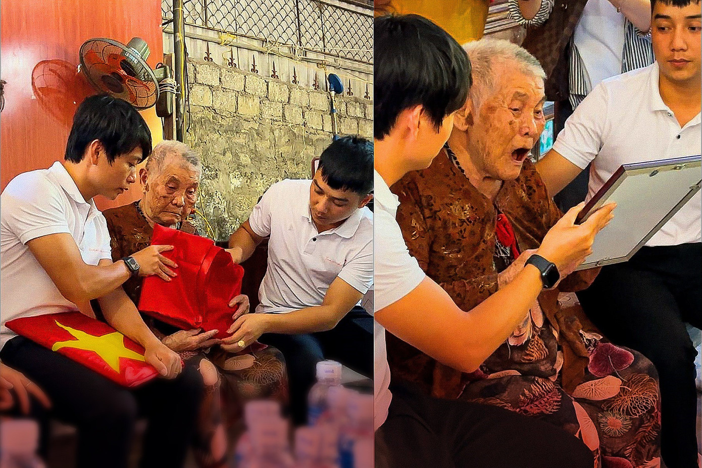 Mẹ Việt Nam anh hùng Phạm Thị Thành (97 tuổi, quê TX Cửa Lò, Nghệ An) bật khóc khi cầm trên tay hình ảnh phục dựng của 2 người con. Trong đó, có bức ảnh con gái, được phục dựng lại từ ký ức của mẹ Thành. Sau 51 năm, Mẹ một lần nữa ôm lấy các con vào lòng, nghẹn ngào không nói lên lời.