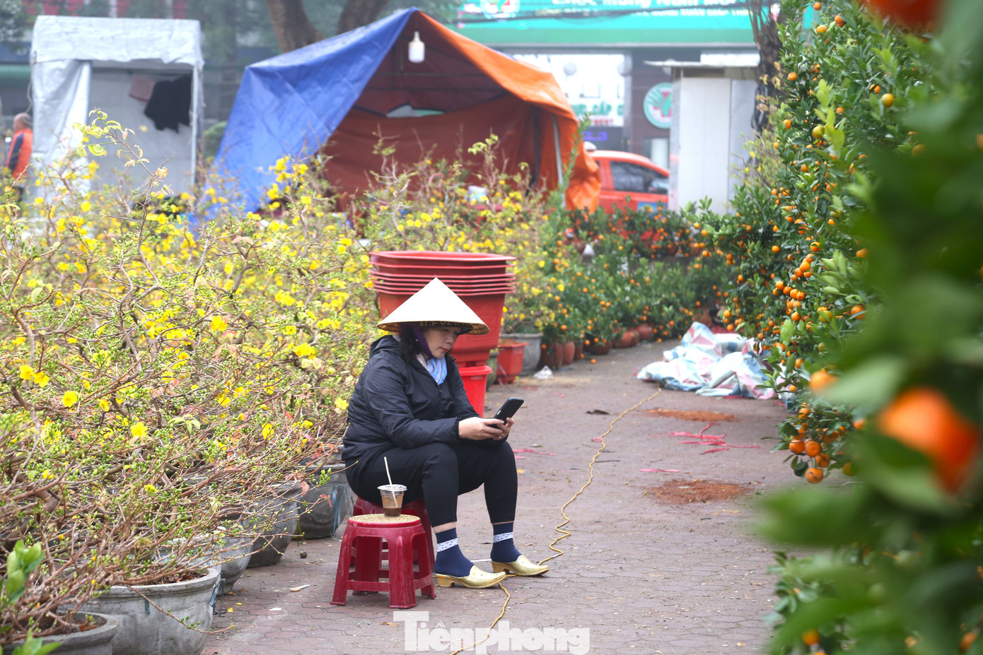 Vắng khách, tiểu thương ngồi lướt điện thoại giết thời gian.