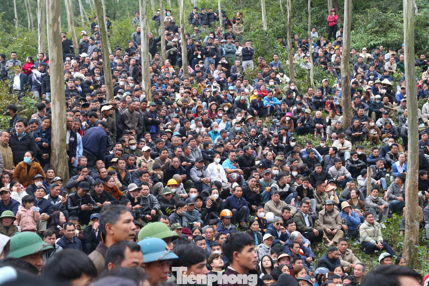 Hàng nghìn người ngồi dưới chân núi Đụn theo dõi, cổ vũ các đô vật.