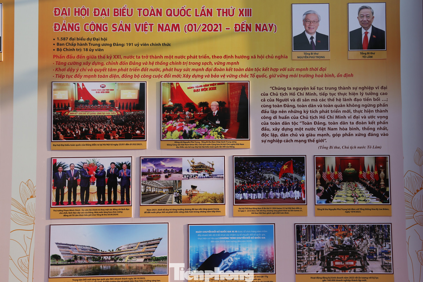 Triển lãm gồm 3 phần: Chủ tịch Hồ Chí Minh - Người sáng lập, rèn luyện Đảng Cộng sản Việt Nam; Đảng Cộng sản Việt Nam - Từ Đại hội đến Đại hội; Hướng tới Đại hội đại biểu toàn quốc lần thứ XIV của Đảng. Với gần 200 bức ảnh tư liệu, nội dung trưng bày góp phần khắc họa đậm nét sự ra đời và trưởng thành của Đảng Cộng sản Việt Nam; khái quát về các kỳ Đại hội của Đảng Cộng sản Việt Nam nói chung và Đảng bộ tỉnh Nghệ An nói riêng với những thành tựu to lớn, có ý nghĩa lịch sử .