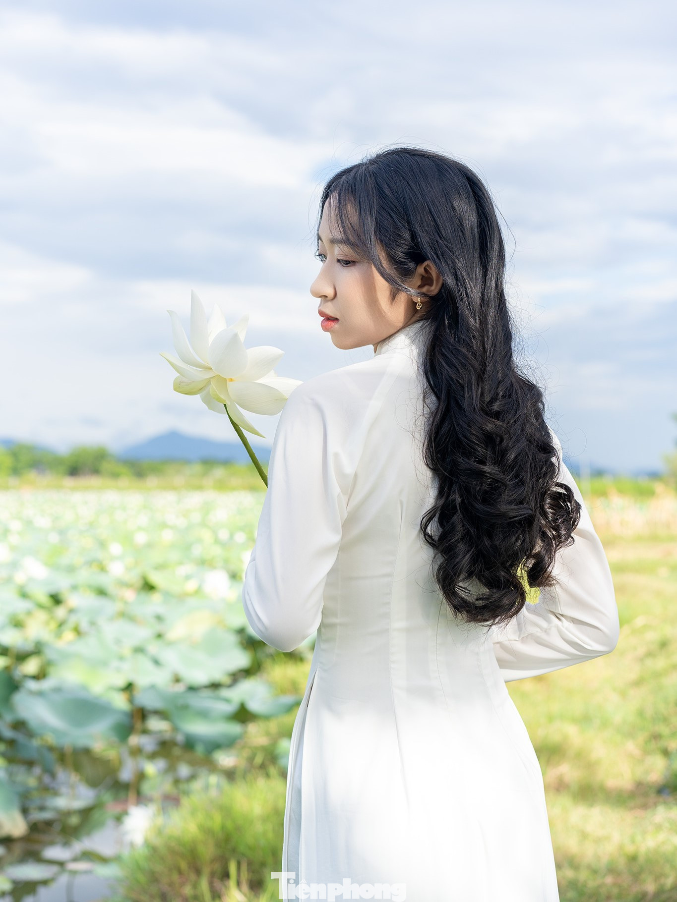 Thiếu nữ với sen trong tà áo dài trắng tinh khôi.