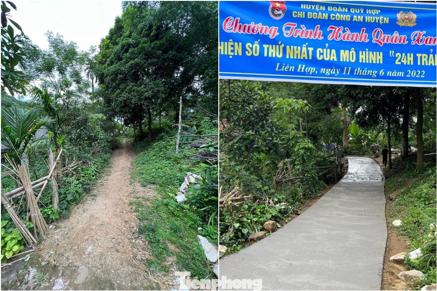 Con đường đất (trái) và con đường bê tông (phải) dẫn vào nhà ông Vi Văn Sách, trú bản Khột Xài, xã Liên Hợp.