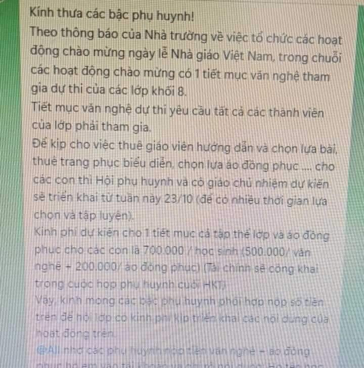 Thông tin hội phụ huynh vận động các phụ huynh nộp 700.000 đồng/học sinh để phục vụ hoạt động văn nghệ 20/11 (Ảnh chụp màn hình) Thông tin hội phụ huynh vận động các phụ huynh nộp 700.000 đồng/học sinh để phục vụ hoạt động văn nghệ 20/11 (Ảnh chụp màn hình)