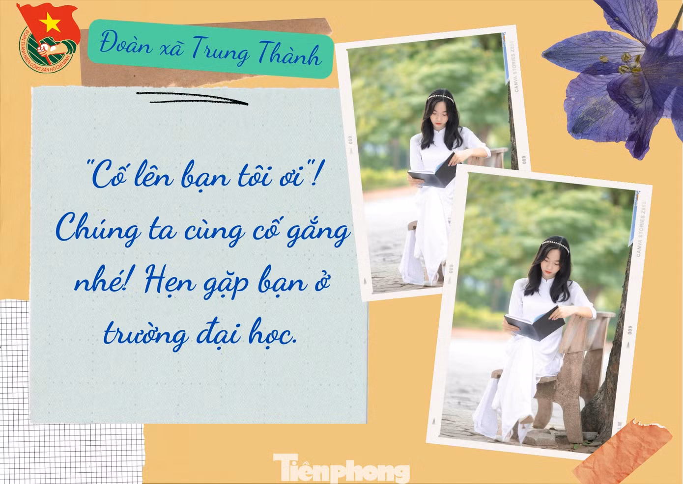Chị Cần cho biết, để thiết kế được những tấm thiệp này, chị đã liên hệ một số bạn đoàn viên là học sinh lớp 12 trên địa bàn gửi hình ảnh. Sau đó, chị thiết kế dựa trên ứng dụng Canva.