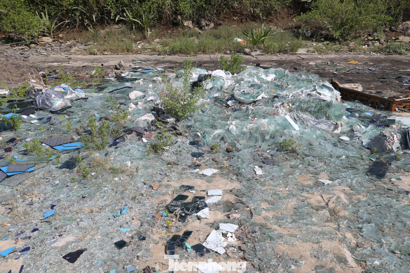 Có rất nhiều rác thải xây dựng, kính, gương vỡ được tập kết ở dọc hành lang tuyến đê.