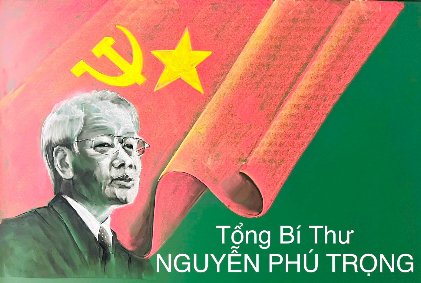 Bức tranh về cố Tổng Bí thư Nguyễn Phú Trọng được vẽ bằng phấn trên bảng