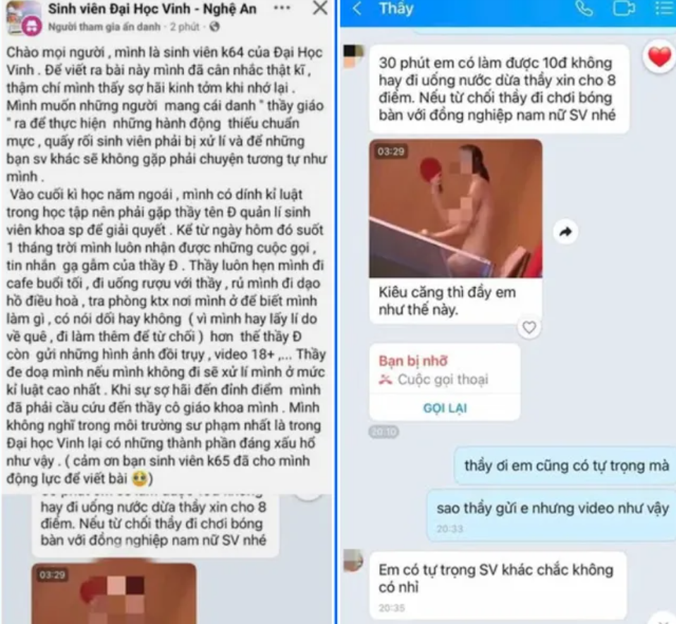 Bài đăng của nữ sinh Đại học Vinh tố cán bộ nhà trường “gạ tình”