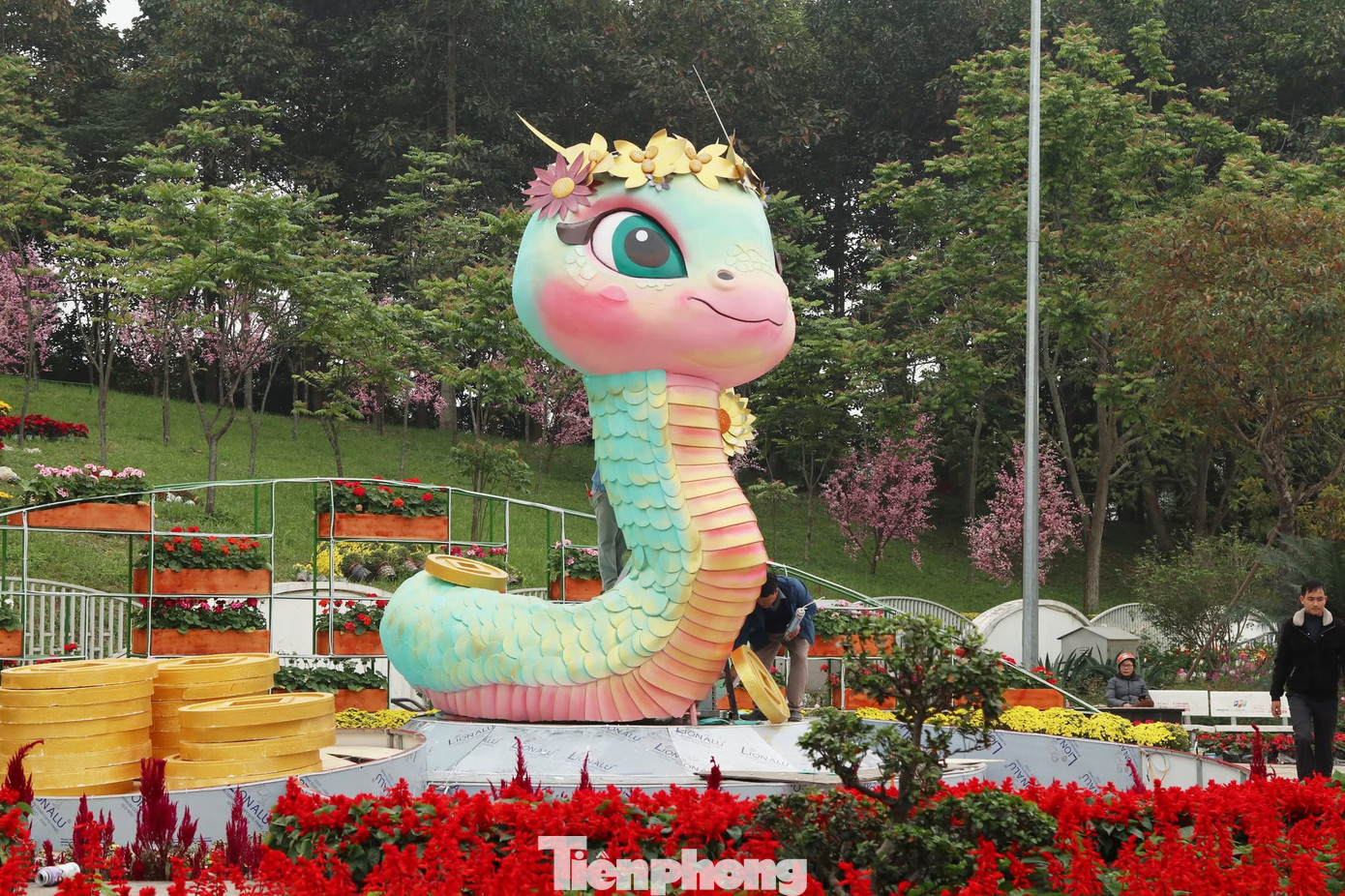 Chú rắn uốn lượn trong vườn hoa.