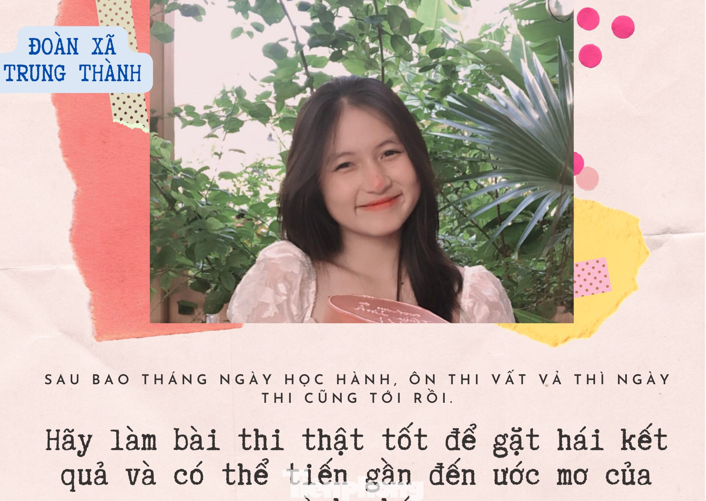 Thiệp được thiết kế với gam màu tươi sáng, cùng hình ảnh các bạn học sinh kèm những lời chúc yêu thương và niềm hy vọng sẽ đạt kết quả tốt trong kỳ thi sắp tới.