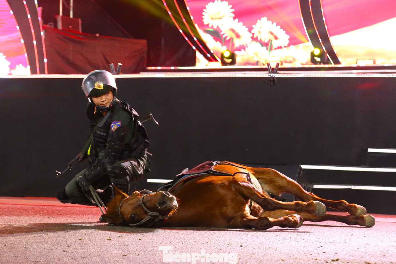 Kỹ thuật điều khiển ngựa nằm. Đây là kỹ thuật khó, thể hiện sự phối hợp nhịp nhàng giữa cán bộ chiến sỹ và ngựa nghiệp vụ. Nội dung huấn luyện này được áp dụng vào quá trình thực tiễn chiến đấu, lực lượng Kỵ binh triển khai đội hình, điều khiển ngựa nằm, phục kích, đánh bắt đối tượng trên các địa bàn rừng núi, có ít vật che khuất.