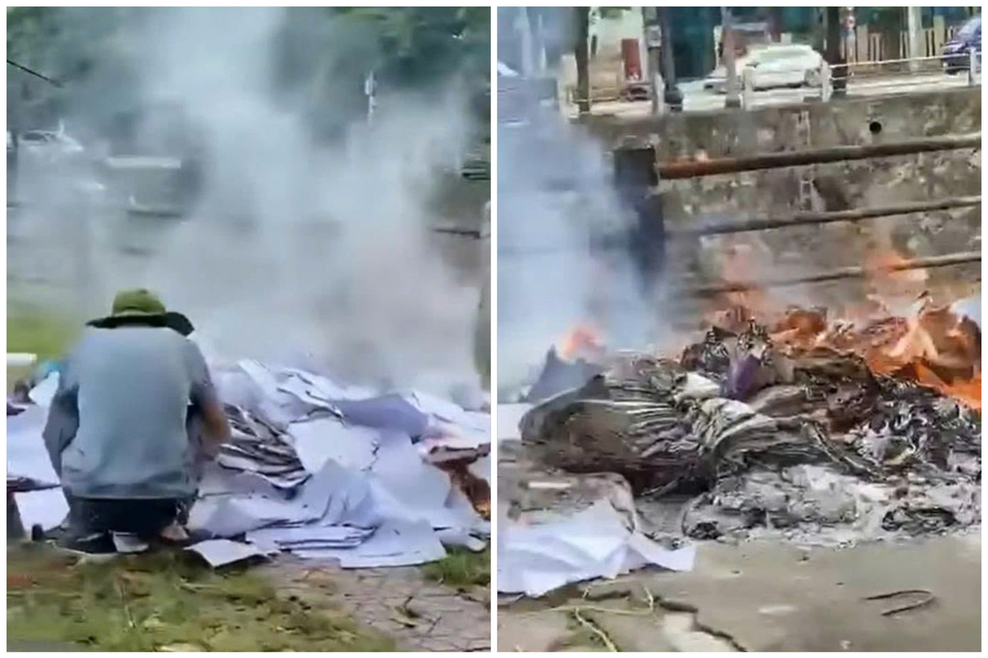 Hình ảnh nhân viên bệnh viện mang hồ sơ, giấy tờ đốt bên bờ kênh Bắc gây xôn xao (Ảnh cắt từ clip)