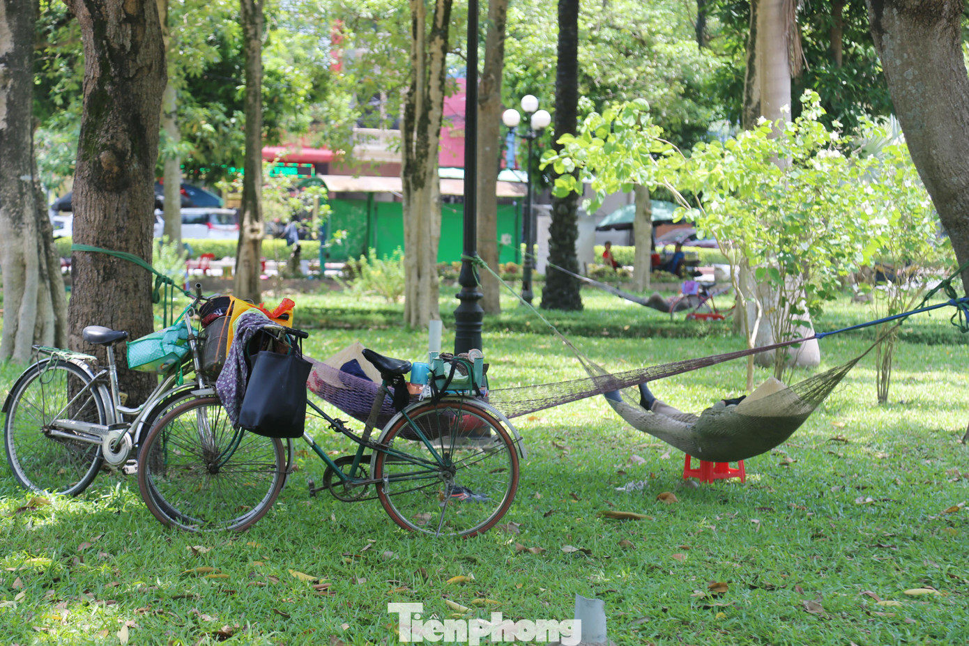 Các nhóm lao động tự do như cửu vạn, xe ôm,… tìm những nơi có bóng mát để tranh thủ nghỉ trưa tránh nắng.