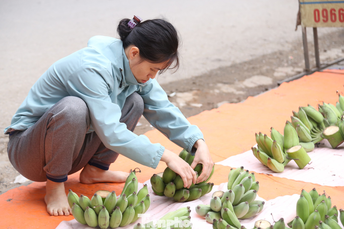 Người dân chọn mua chuối xanh để bày mâm ngũ quả ngày Tết trong sáng 8/2.