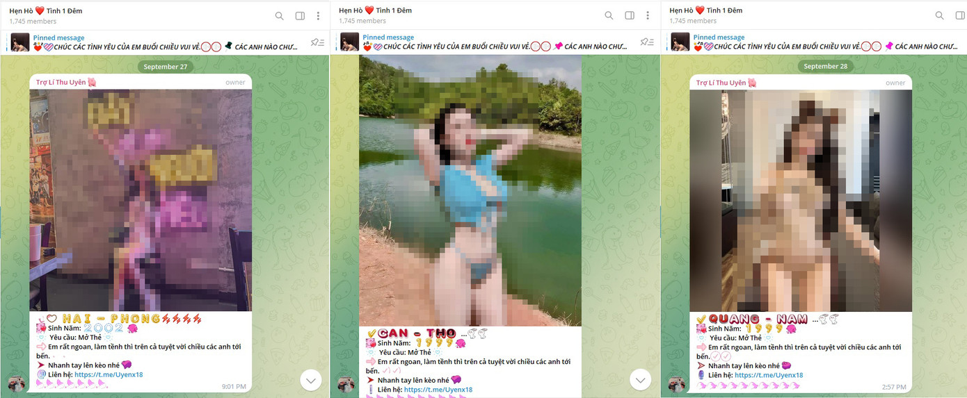 Tràn lan các hội nhóm hẹn hò, làm quen, "tình 1 đêm" trên ứng dụng Telegram. Ảnh chụp màn hình.