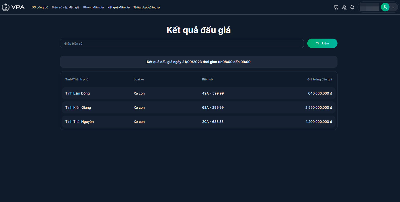 Kết quả đấu giá từ 8h-9h ngày 21/9.
