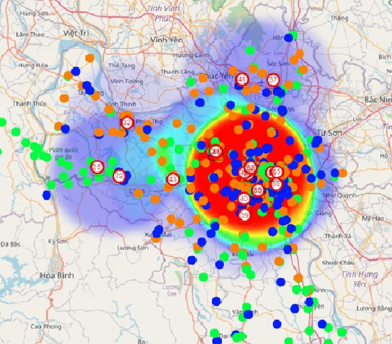 Kết quả hiện thị độ ồn từ các trạm do sinh viên trường Đại học Giáo dục phối hợp với nhóm nghiên cứu công nghệ giáo dục lắp đặt.