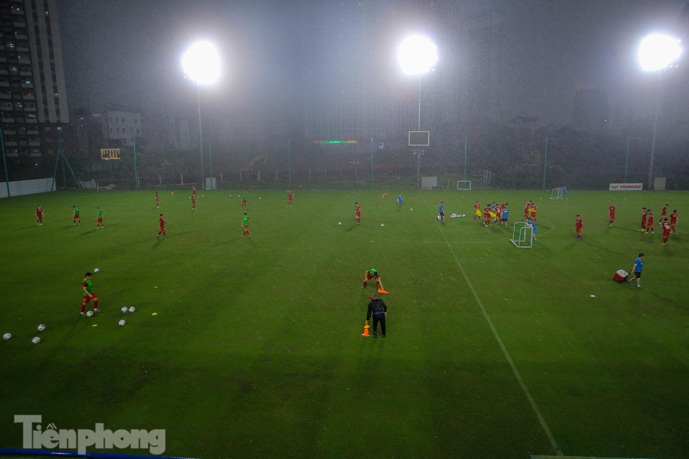 Mưa lớn khiến mặt cỏ xuất hiện nhiều vũng nước.