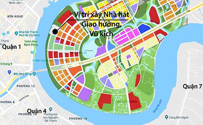 Nhà hát Giao hưởng, Nhạc và Vũ kịch sẽ được xây tại Khu chức năng số 1 của Khu đô thị Thủ Thiêm, cách trung tâm thành phố khoảng 300 m. Ảnh: Google maps. Nhà hát Giao hưởng, Nhạc và Vũ kịch sẽ được xây tại Khu chức năng số 1 của Khu đô thị Thủ Thiêm, cách trung tâm thành phố khoảng 300 m. Ảnh: Google maps.