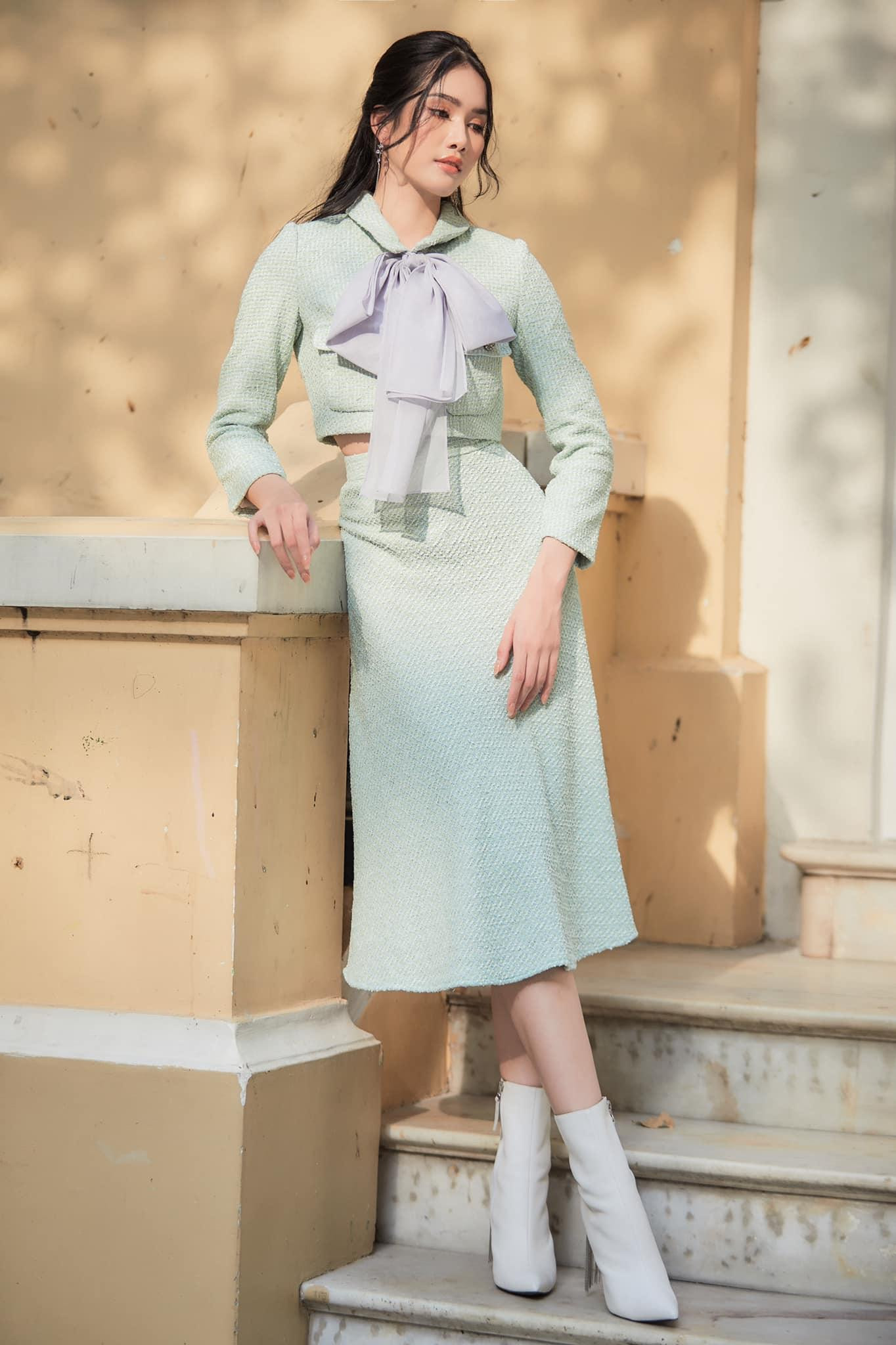 Á hậu Phương Anh xinh đẹp và duyên dáng trong set đồ tông màu xanh pastel dịu dàng.