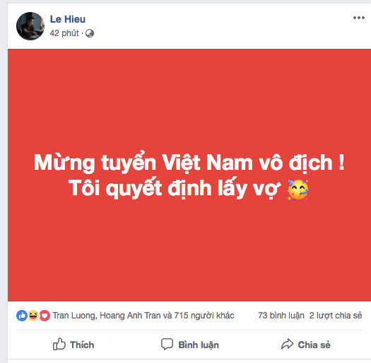 Mừng Việt Nam vô địch AFF Cup, Lê Hiếu gây sốc: 'Tôi sẽ lấy vợ' ảnh 1