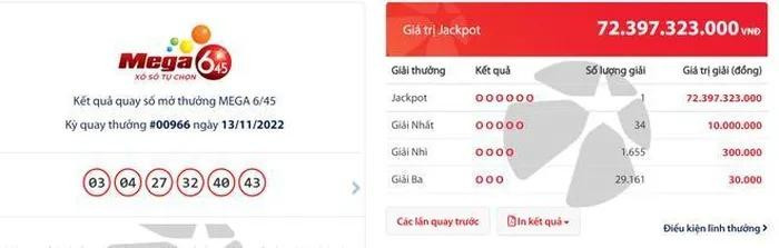 Vietlott ghi nhận 1 giải Jackpot trị giá hơn 72 tỷ đồng. Ảnh: Vietlott.