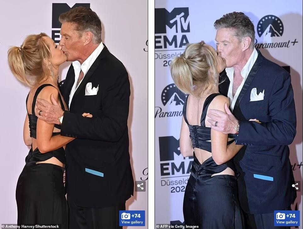 Tài tử 70 tuổi David Hasselhoff hôn say đắm vợ kém 27 tuổi Hayley Roberts trước ống kính truyền thông. Ảnh: Shutterstock.