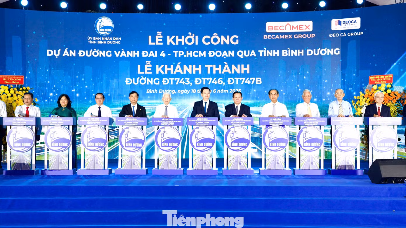 Các đại biểu thực hiện nghi thức khởi công đường Vành đai 4 TPHCM đoạn qua Bình Dương