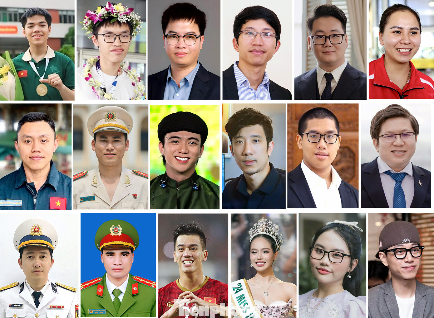 18 Gương mặt trẻ Việt Nam tiêu biểu và triển vọng năm 2024: Nguyễn Hữu Tiến Hưng, Thân Thế Công, Phạm Huy Hiệu, Nguyễn Viết Hương, Hoàng Khắc Hiếu, Trịnh Thu Vinh, Nguyễn Hoàng Hải Quang, Trần Vĩnh Chiến, Nguyễn Huỳnh Sơn, Phùng Quang Trung, Hoàng Xuân Bách, Lê Kim Hùng, Ngô Đức Anh, Nguyễn Cao Cường, Nguyễn Tiến Linh, Huỳnh Thị Thanh Thuỷ, Phương Mỹ Chi, Bùi Xuân Trường (lần lượt từ trái sang phải, từ trên xuống dưới). 18 Gương mặt trẻ Việt Nam tiêu biểu và triển vọng năm 2024: Nguyễn Hữu Tiến Hưng, Thân Thế Công, Phạm Huy Hiệu, Nguyễn Viết Hương, Hoàng Khắc Hiếu, Trịnh Thu Vinh, Nguyễn Hoàng Hải Quang, Trần Vĩnh Chiến, Nguyễn Huỳnh Sơn, Phùng Quang Trung, Hoàng Xuân Bách, Lê Kim Hùng, Ngô Đức Anh, Nguyễn Cao Cường, Nguyễn Tiến Linh, Huỳnh Thị Thanh Thuỷ, Phương Mỹ Chi, Bùi Xuân Trường (lần lượt từ trái sang phải, từ trên xuống dưới).
