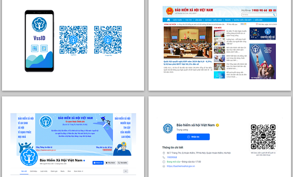 Các cổng giao tiếp chính thức của BHXH Việt Nam (từ trái qua phải), gồm ứng dụng VssID, cổng thông tin điện tử, Fanpage trên Facebook "Bảo hiểm Xã hội Việt Nam" có tích xanh, và trên Zalo có tích vàng.