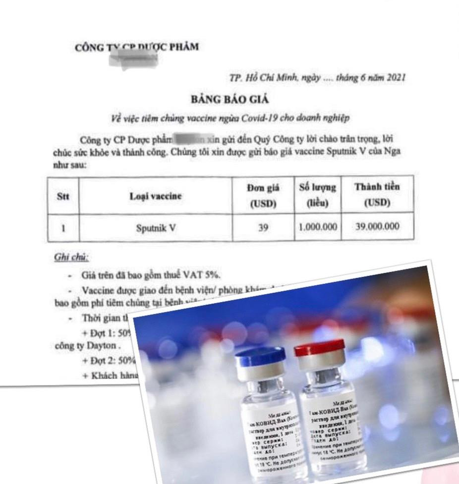 Bảng báo giá của một công ty dược phẩm ở TPHCM về thông tin về vắc xin Sputnik V với giá 39 USD/liều- ảnh L.T Bảng báo giá của một công ty dược phẩm ở TPHCM về thông tin về vắc xin Sputnik V với giá 39 USD/liều- ảnh L.T