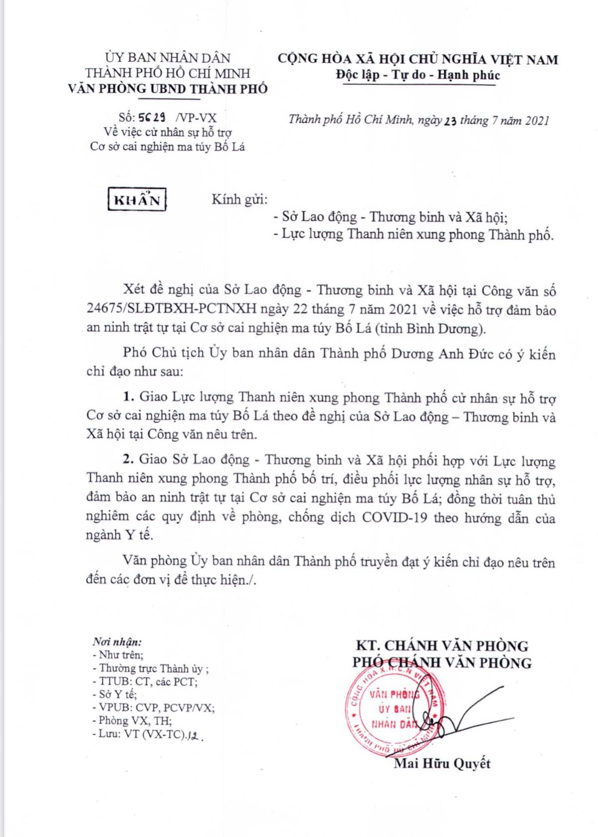 TPHCM đã điều 35 nhân sự từ Lực lượng Thanh niên xung phong Thành phố lên hỗ trợ đảm bảo an ninh trật tự tại Cơ sở cai nghiện Bố Lá